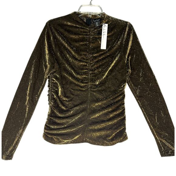 Nicole‎ Miller New York Metallic Ruched Top Long Sleeve Nylon Gold Women's Large - Picture 1 of 6